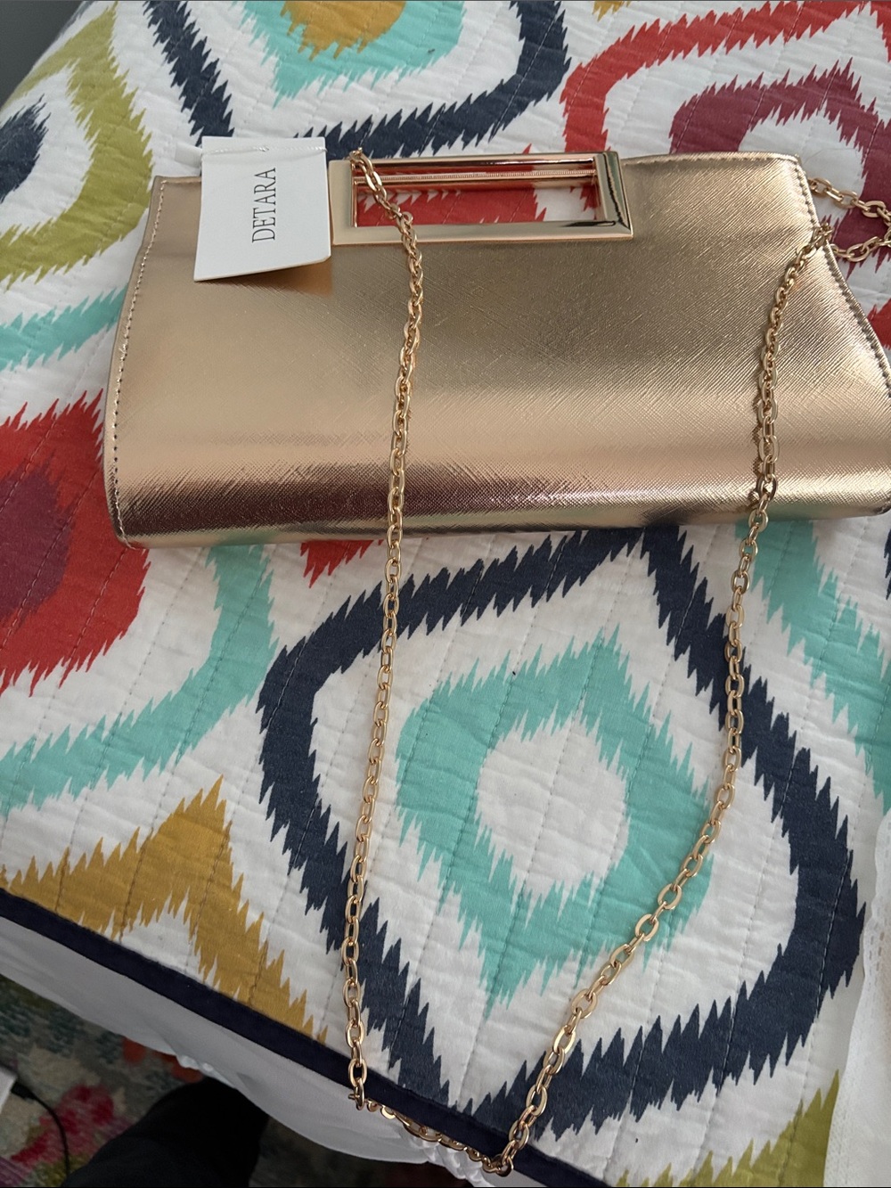 Metallic Rose Gold Clutch with Chain Strap - Picture 2 of 6